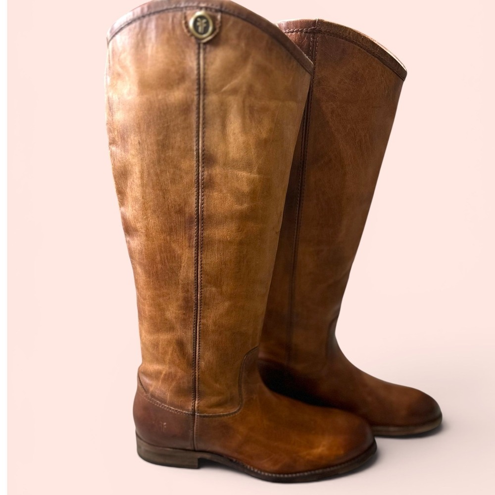 Frye Melissa Button Riding Tall Boots Women Size 8.5 Cognac brown Leather - Picture 3 of 11